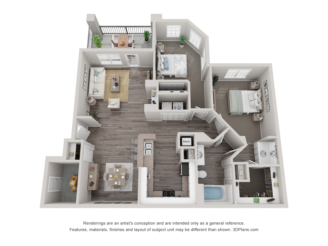 Floor plan for 2 beds, 1 bath, 963 sqft